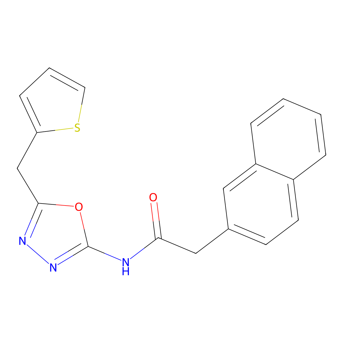 2-(naphthalen-2-yl)-N-(5-(thiophen-2-ylmethyl)-1,3,4-oxadiazol-2-yl)acetamide molecular structure, CAS 1021083-13-5
