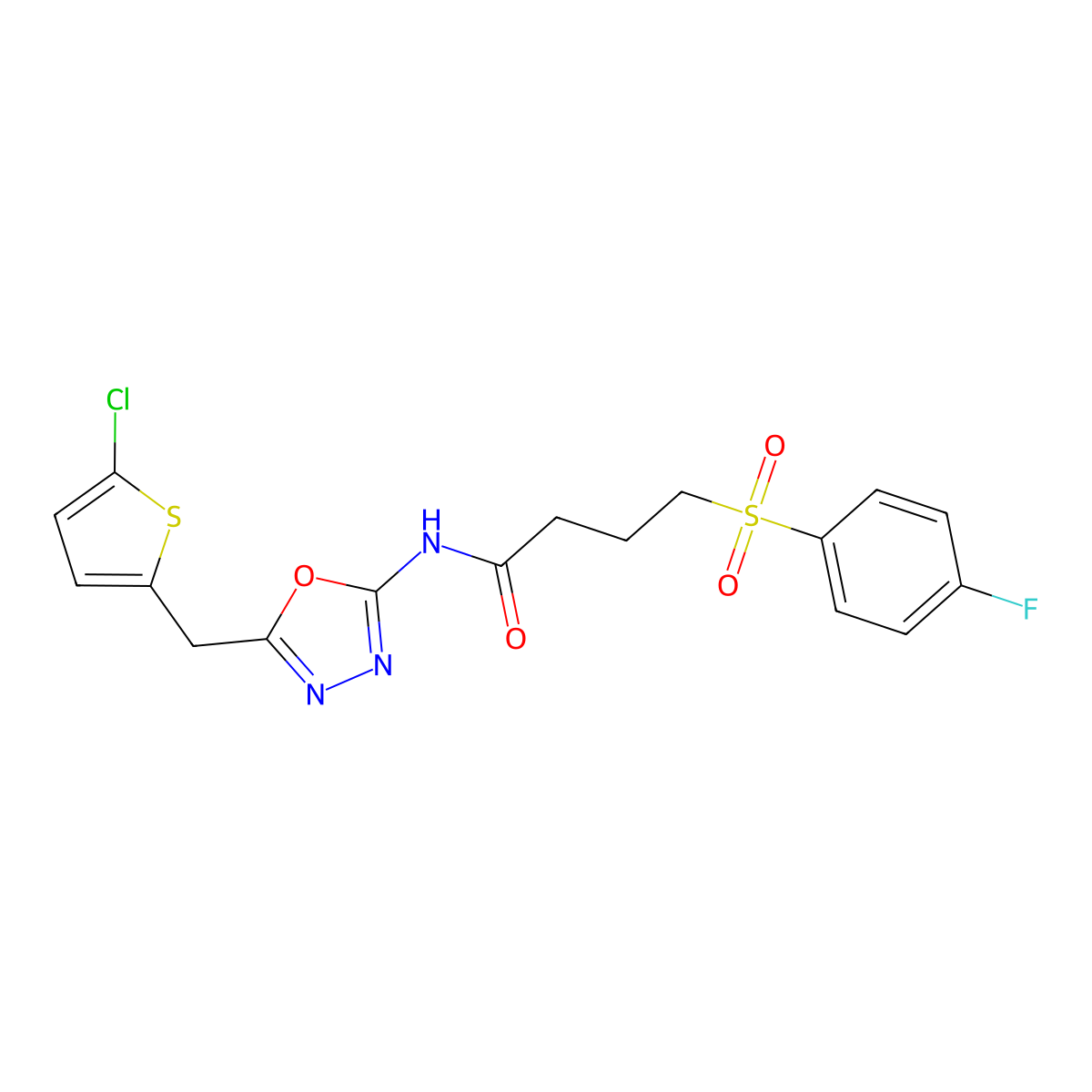 N-(5-((5-chlorothiophen-2-yl)methyl)-1,3,4-oxadiazol-2-yl)-4-((4-fluorophenyl)sulfonyl)butanamide molecular structure, CAS 1021083-18-0