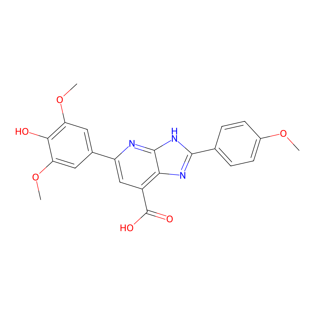 5-(4-hydroxy-3,5-dimethoxyphenyl)-2-(4-methoxyphenyl)-3H-imidazo[4,5-b]pyridine-7-carboxylic acid molecular structure, CAS 1021083-58-8