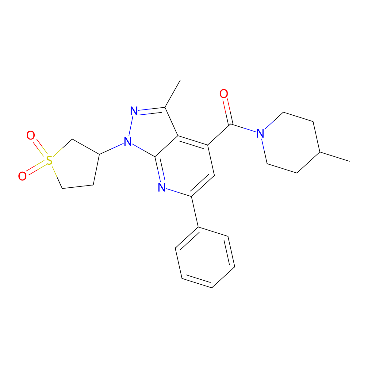 (1-(1,1-dioxidotetrahydrothiophen-3-yl)-3-methyl-6-phenyl-1H-pyrazolo[3,4-b]pyridin-4-yl)(4-methylpiperidin-1-yl)methanone molecular structure, CAS 1021089-73-5