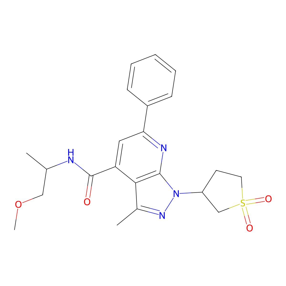 1-(1,1-dioxidotetrahydrothiophen-3-yl)-N-(1-methoxypropan-2-yl)-3-methyl-6-phenyl-1H-pyrazolo[3,4-b]pyridine-4-carboxamide molecular structure, CAS 1021089-75-7