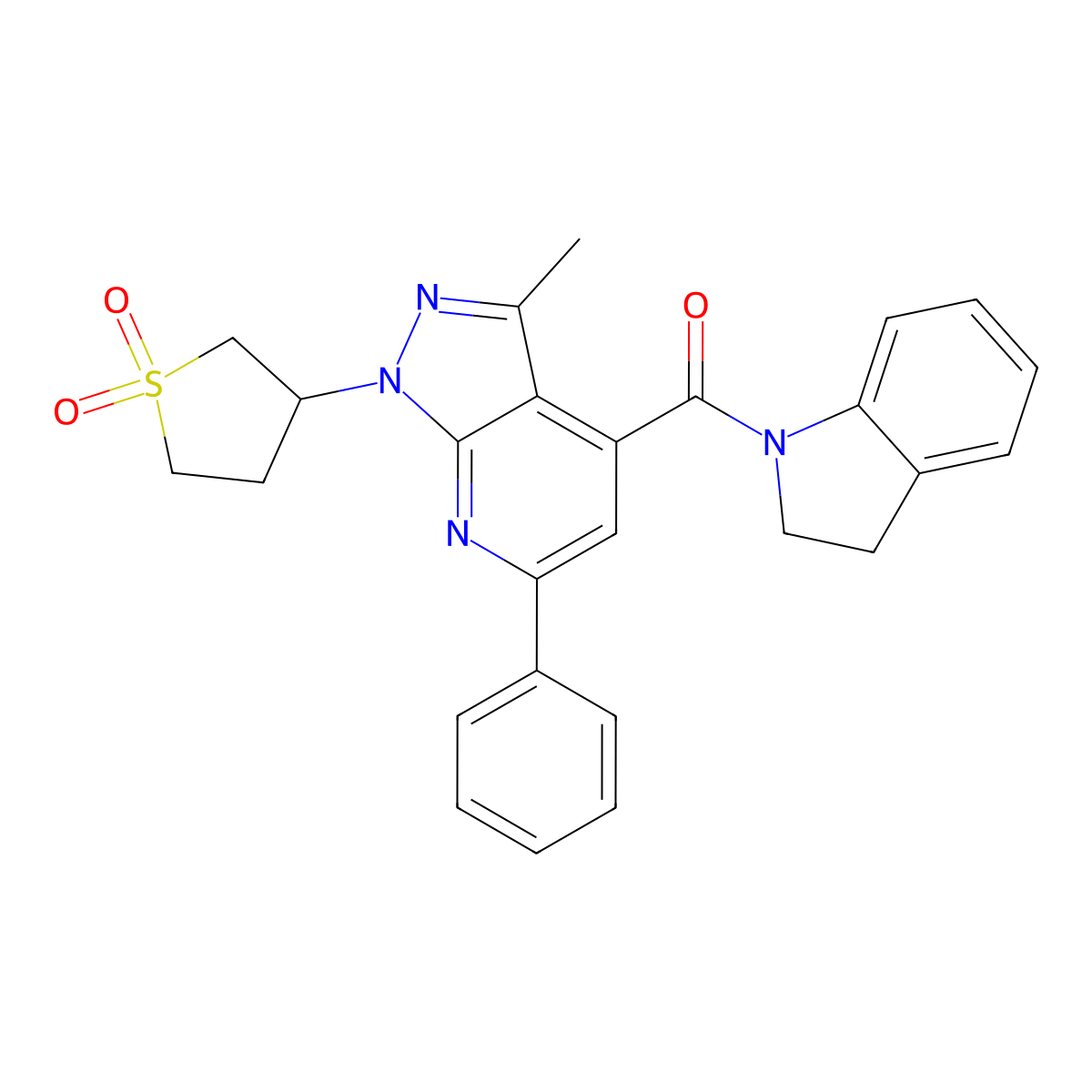 (1-(1,1-dioxidotetrahydrothiophen-3-yl)-3-methyl-6-phenyl-1H-pyrazolo[3,4-b]pyridin-4-yl)(indolin-1-yl)methanone molecular structure, CAS 1021089-83-7