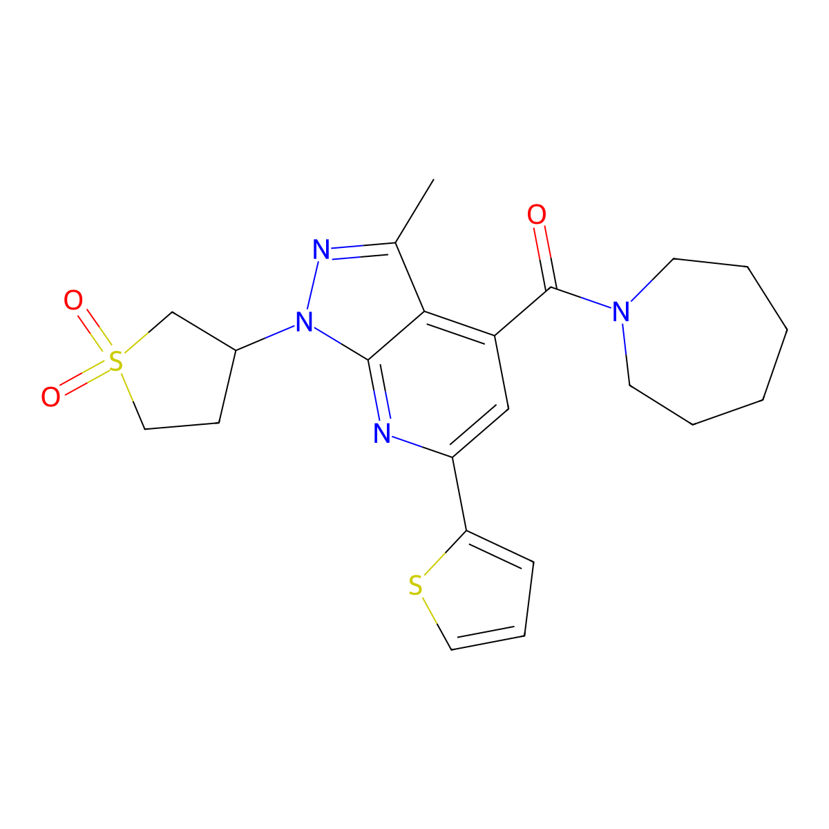 azepan-1-yl(1-(1,1-dioxidotetrahydrothiophen-3-yl)-3-methyl-6-(thiophen-2-yl)-1H-pyrazolo[3,4-b]pyridin-4-yl)methanone molecular structure, CAS 1021089-93-9