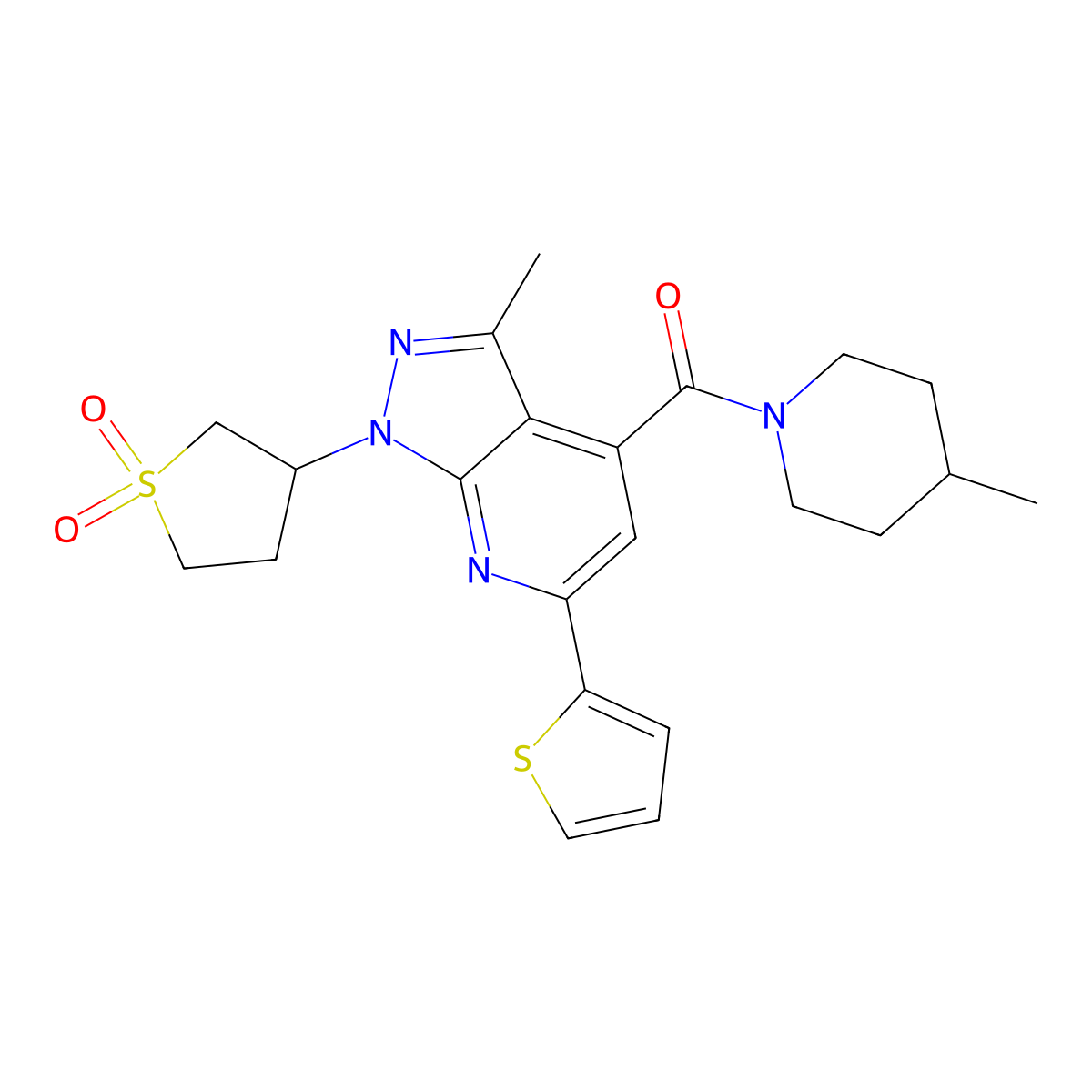 (1-(1,1-dioxidotetrahydrothiophen-3-yl)-3-methyl-6-(thiophen-2-yl)-1H-pyrazolo[3,4-b]pyridin-4-yl)(4-methylpiperidin-1-yl)methanone molecular structure, CAS 1021089-95-1