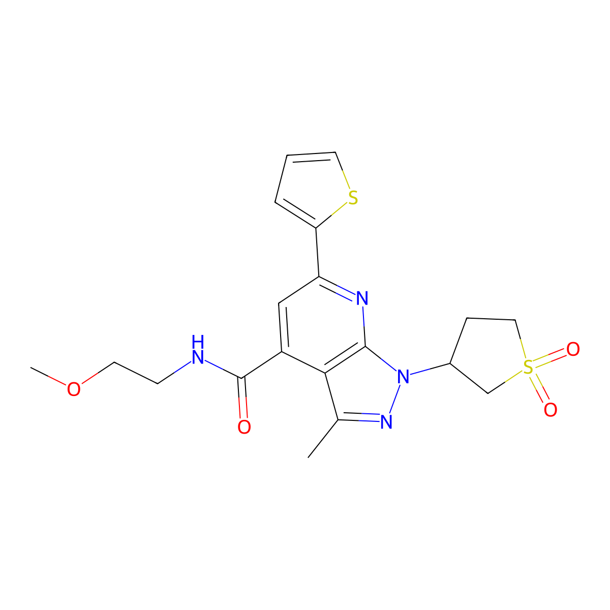 1-(1,1-dioxidotetrahydrothiophen-3-yl)-N-(2-methoxyethyl)-3-methyl-6-(thiophen-2-yl)-1H-pyrazolo[3,4-b]pyridine-4-carboxamide molecular structure, CAS 1021089-97-3