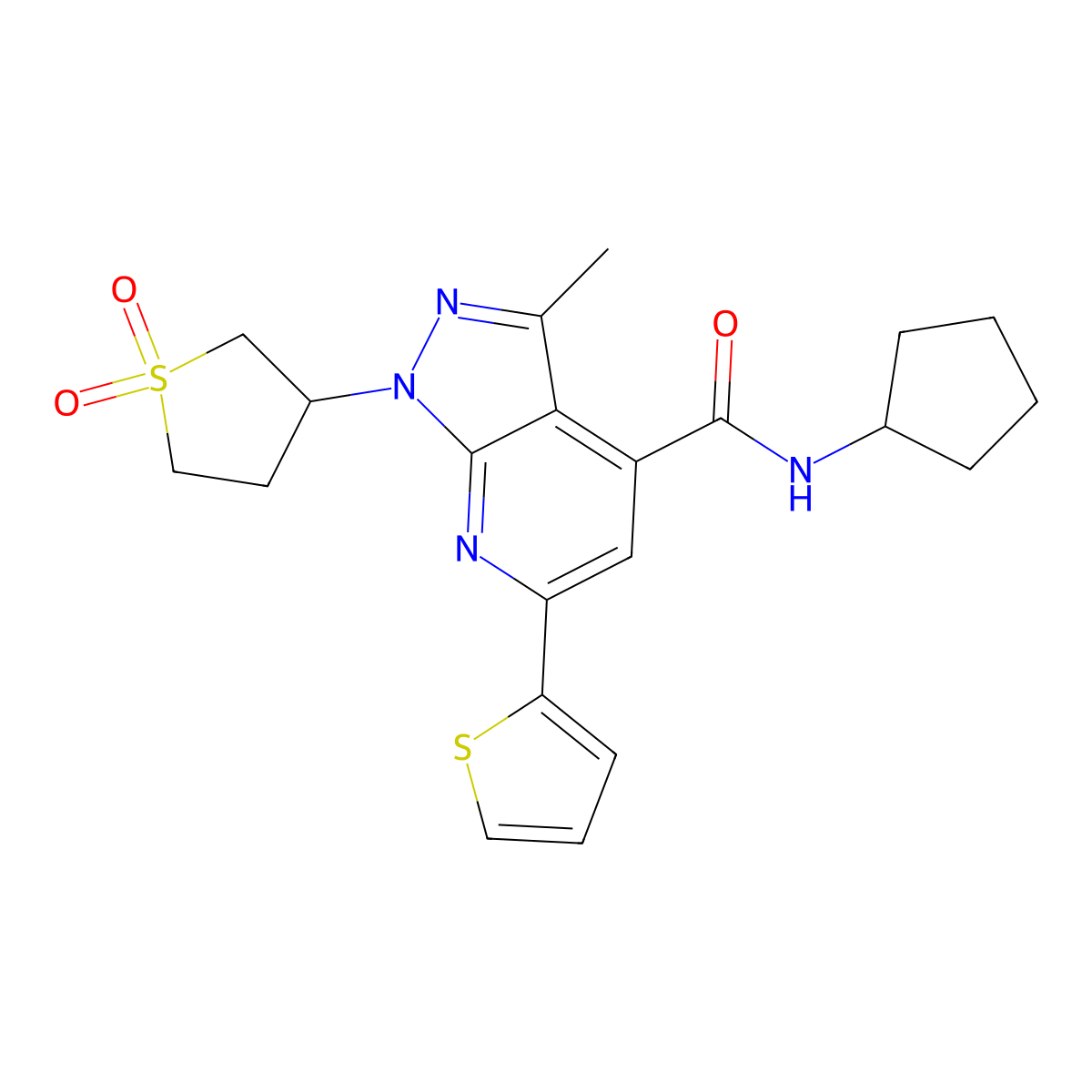 N-cyclopentyl-1-(1,1-dioxidotetrahydrothiophen-3-yl)-3-methyl-6-(thiophen-2-yl)-1H-pyrazolo[3,4-b]pyridine-4-carboxamide molecular structure, CAS 1021089-99-5