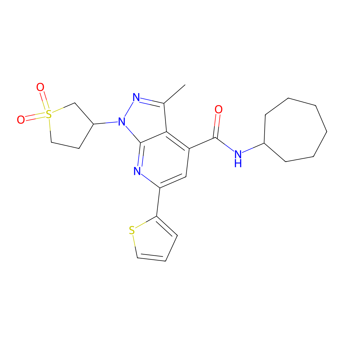 N-cycloheptyl-1-(1,1-dioxidotetrahydrothiophen-3-yl)-3-methyl-6-(thiophen-2-yl)-1H-pyrazolo[3,4-b]pyridine-4-carboxamide molecular structure, CAS 1021090-01-6