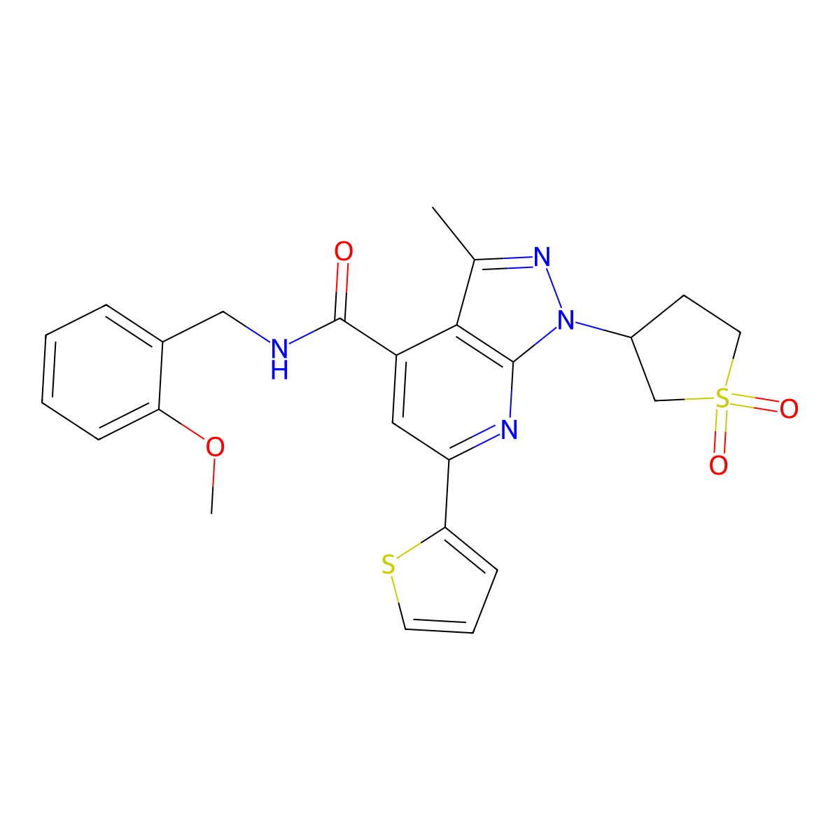 1-(1,1-dioxidotetrahydrothiophen-3-yl)-N-(2-methoxybenzyl)-3-methyl-6-(thiophen-2-yl)-1H-pyrazolo[3,4-b]pyridine-4-carboxamide molecular structure, CAS 1021090-03-8