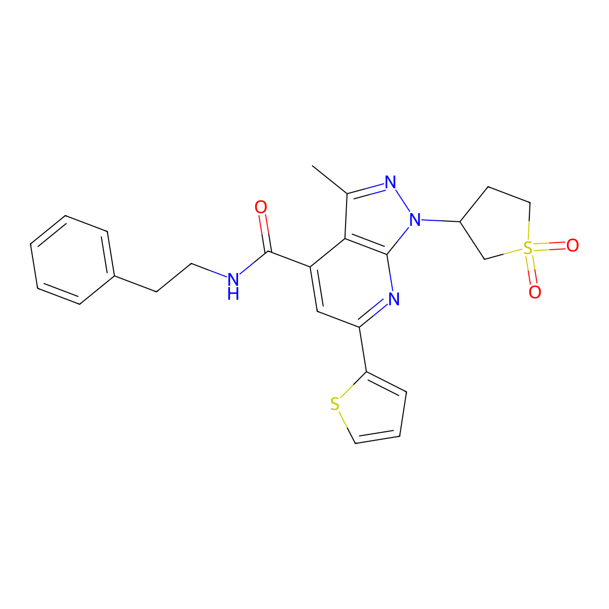 1-(1,1-dioxidotetrahydrothiophen-3-yl)-3-methyl-N-phenethyl-6-(thiophen-2-yl)-1H-pyrazolo[3,4-b]pyridine-4-carboxamide molecular structure, CAS 1021090-05-0