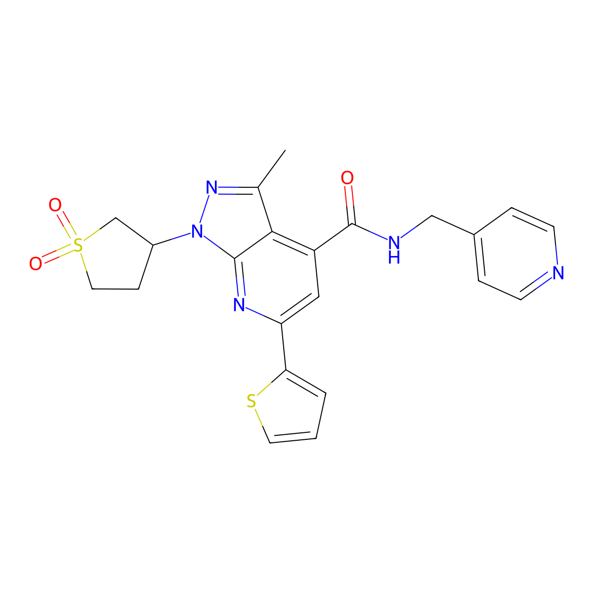 1-(1,1-dioxidotetrahydrothiophen-3-yl)-3-methyl-N-(pyridin-4-ylmethyl)-6-(thiophen-2-yl)-1H-pyrazolo[3,4-b]pyridine-4-carboxamide molecular structure, CAS 1021090-09-4