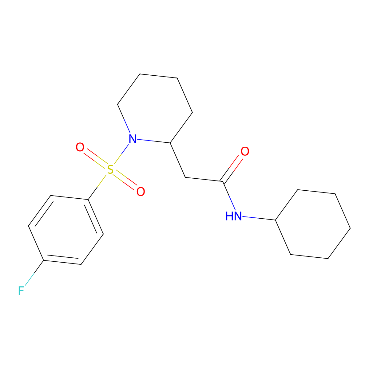 N-cyclohexyl-2-(1-((4-fluorophenyl)sulfonyl)piperidin-2-yl)acetamide molecular structure, CAS 1021090-26-5