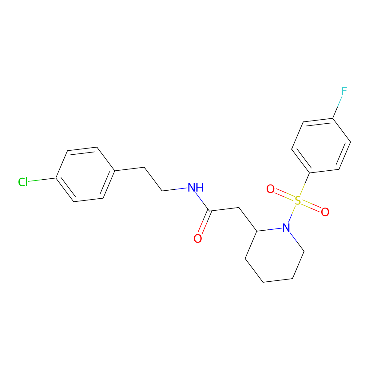 N-(4-chlorophenethyl)-2-(1-((4-fluorophenyl)sulfonyl)piperidin-2-yl)acetamide molecular structure, CAS 1021090-28-7
