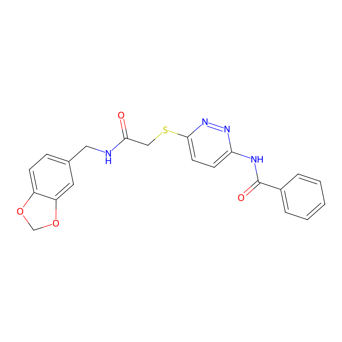 N-(6-((2-((benzo[d][1,3]dioxol-5-ylmethyl)amino)-2-oxoethyl)thio)pyridazin-3-yl)benzamide molecular structure, CAS 1021090-31-2