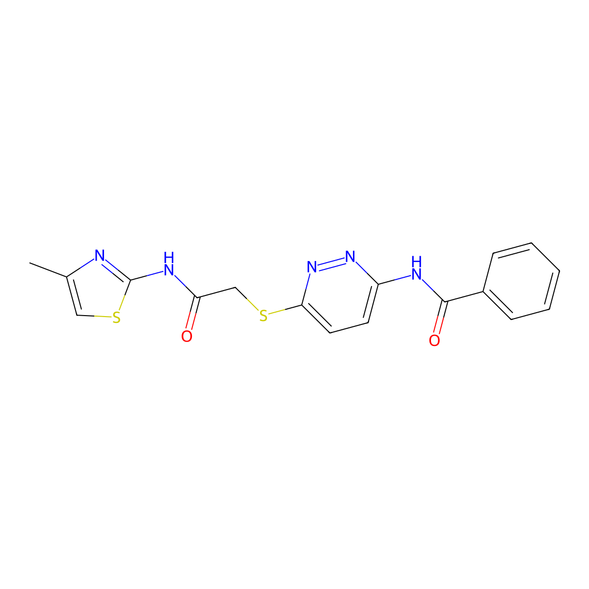 N-(6-((2-((4-methylthiazol-2-yl)amino)-2-oxoethyl)thio)pyridazin-3-yl)benzamide molecular structure, CAS 1021090-37-8