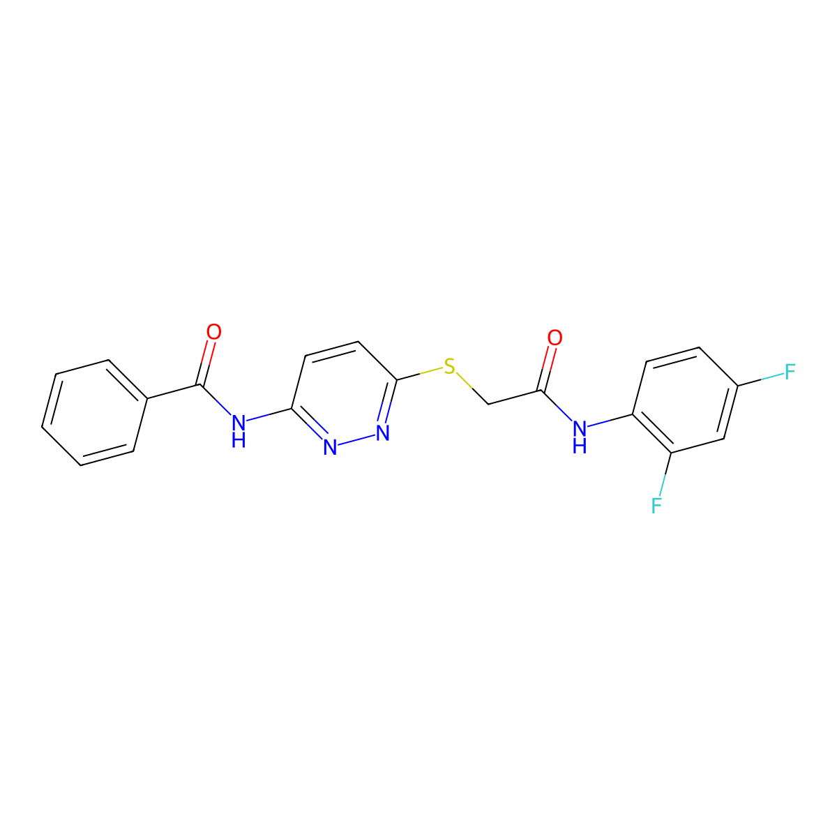 N-(6-((2-((2,4-difluorophenyl)amino)-2-oxoethyl)thio)pyridazin-3-yl)benzamide molecular structure, CAS 1021090-39-0