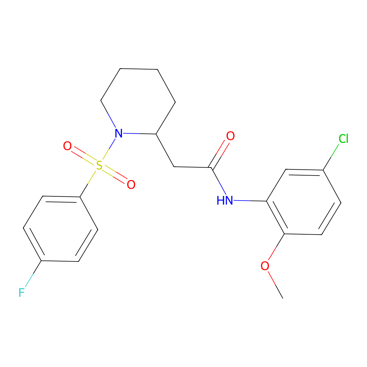 N-(5-chloro-2-methoxyphenyl)-2-(1-((4-fluorophenyl)sulfonyl)piperidin-2-yl)acetamide molecular structure, CAS 1021090-46-9