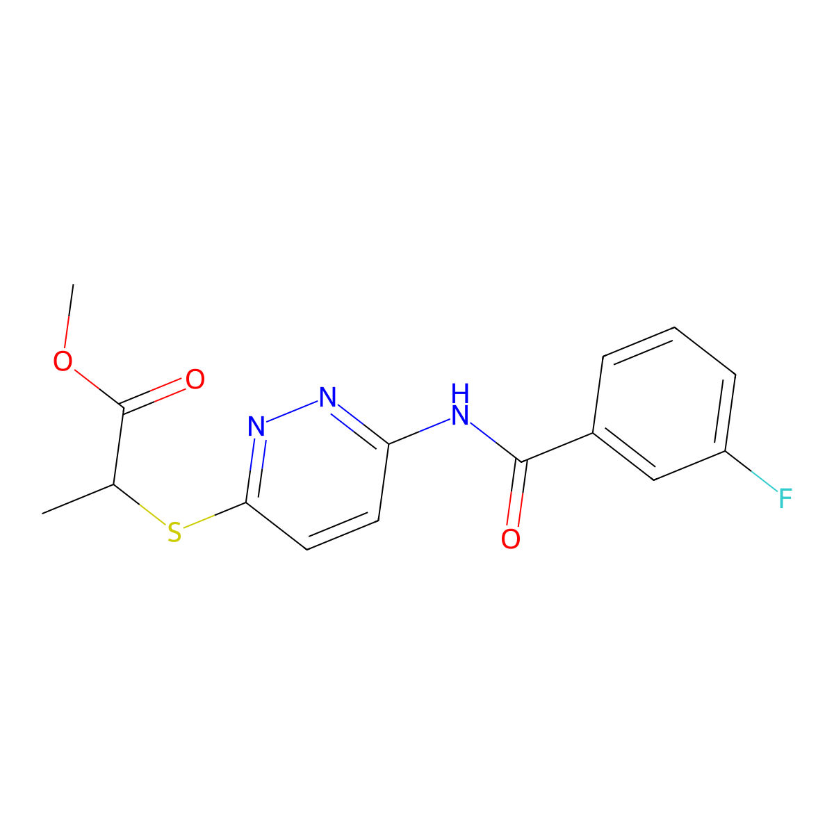Methyl 2-((6-(3-fluorobenzamido)pyridazin-3-yl)thio)propanoate molecular structure, CAS 1021090-47-0