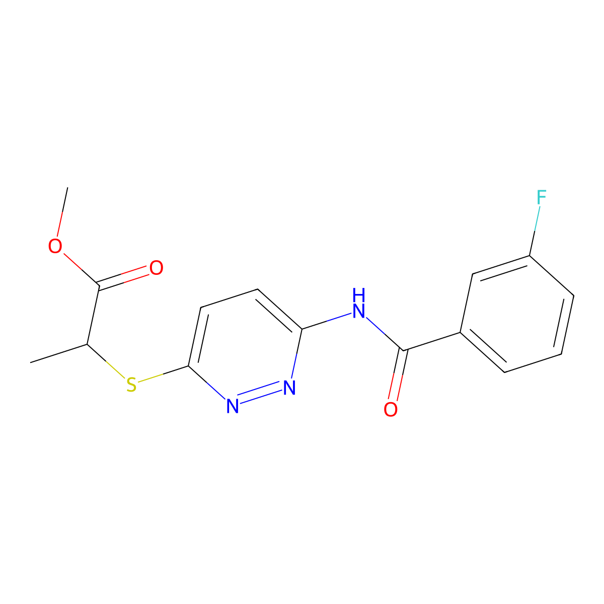 Methyl 2-((6-(3-fluorobenzamido)pyridazin-3-yl)thio)propanoate molecular structure, CAS 1021090-47-0