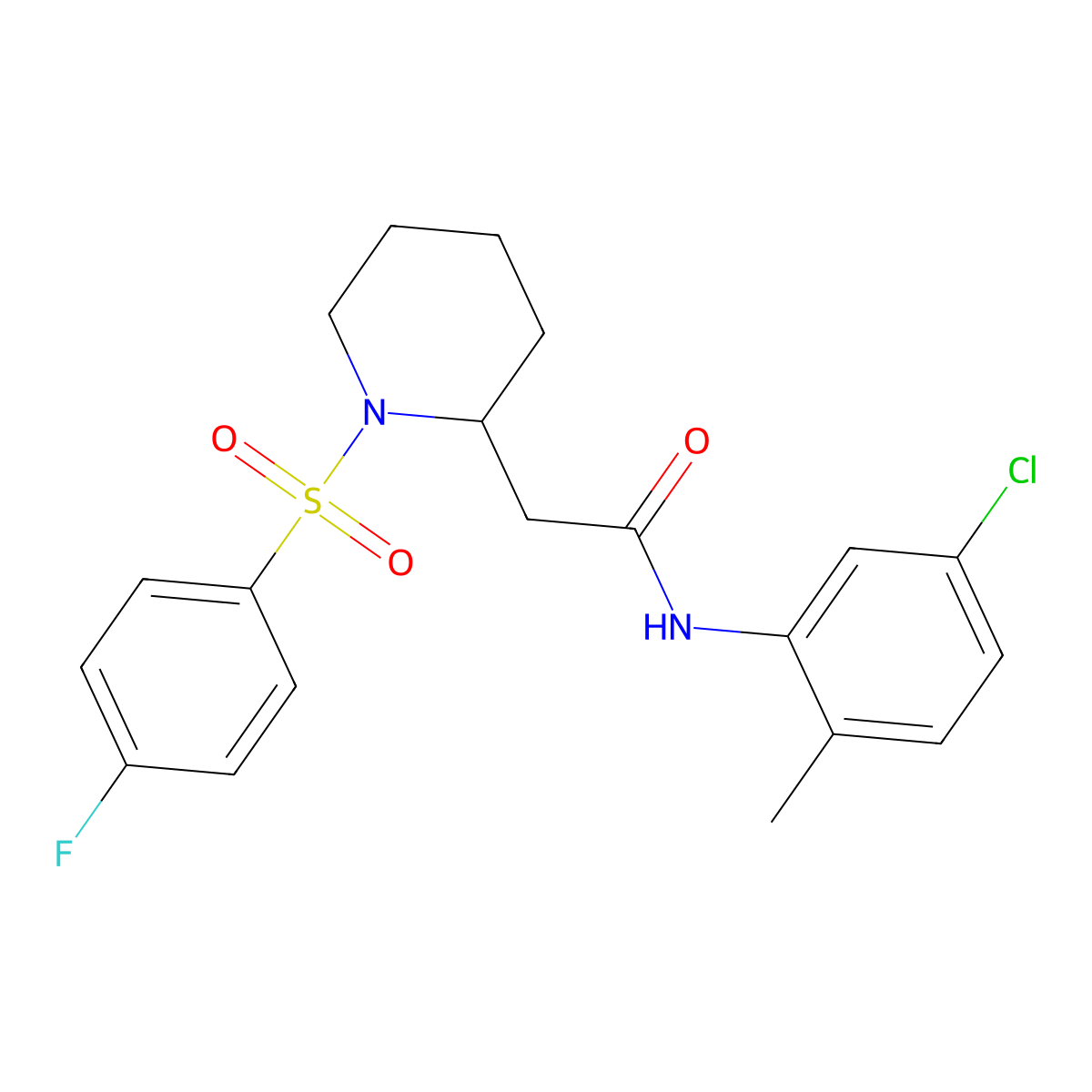N-(5-chloro-2-methylphenyl)-2-(1-((4-fluorophenyl)sulfonyl)piperidin-2-yl)acetamide molecular structure, CAS 1021090-48-1