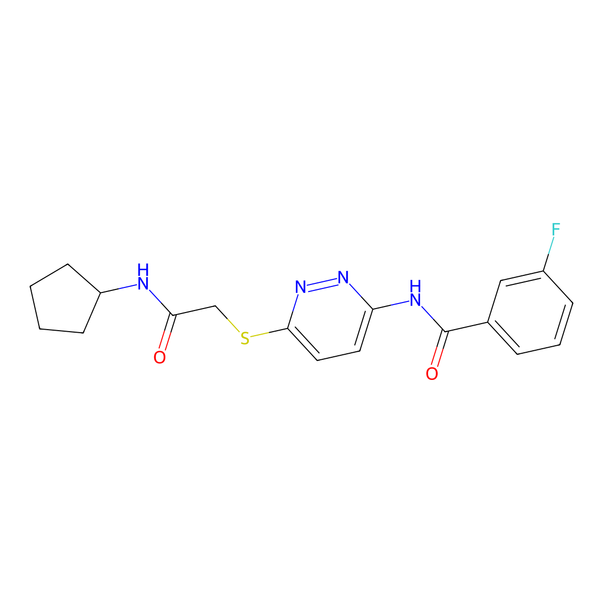 N-(6-((2-(cyclopentylamino)-2-oxoethyl)thio)pyridazin-3-yl)-3-fluorobenzamide molecular structure, CAS 1021090-49-2