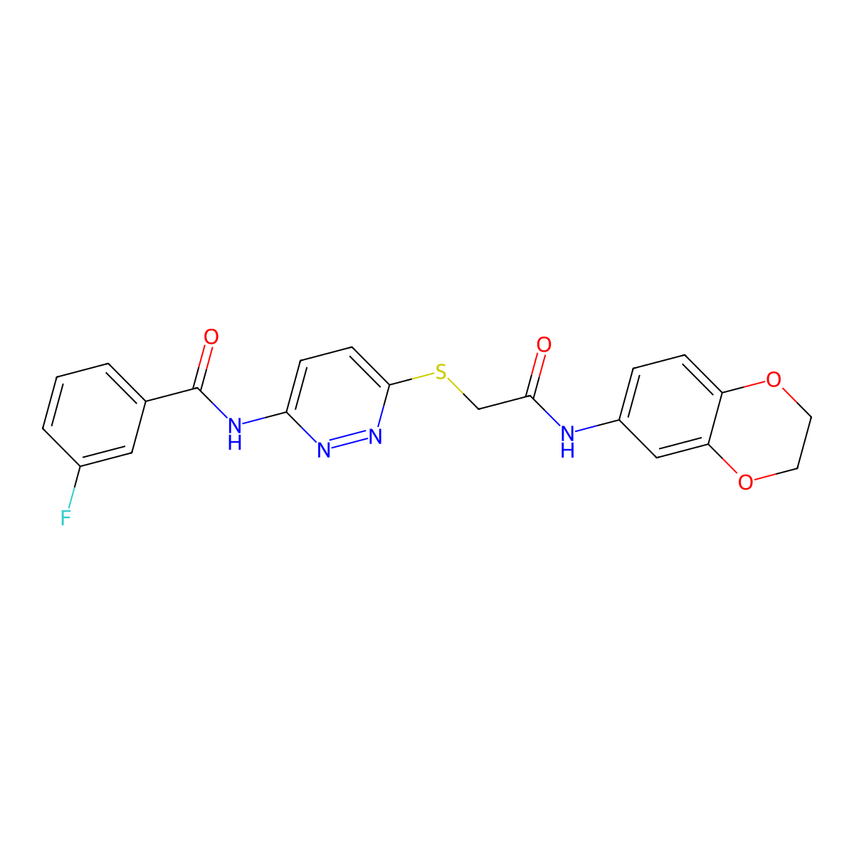 N-(6-((2-((2,3-dihydrobenzo[b][1,4]dioxin-6-yl)amino)-2-oxoethyl)thio)pyridazin-3-yl)-3-fluorobenzamide molecular structure, CAS 1021090-51-6