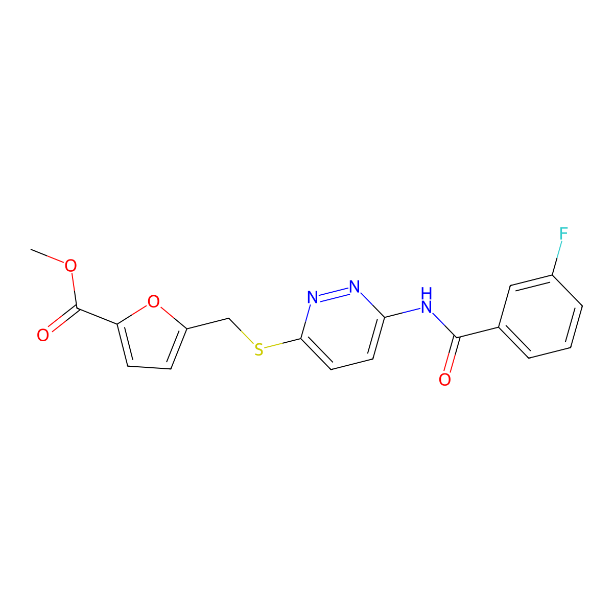 Methyl 5-(((6-(3-fluorobenzamido)pyridazin-3-yl)thio)methyl)furan-2-carboxylate molecular structure, CAS 1021090-55-0