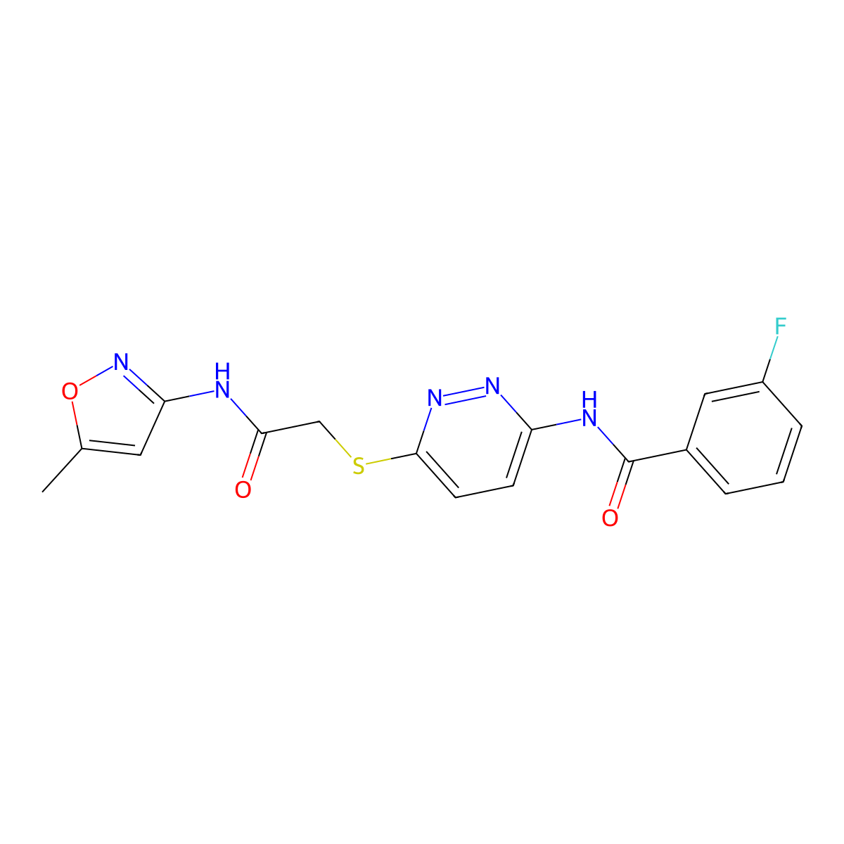 3-fluoro-N-(6-((2-((5-methylisoxazol-3-yl)amino)-2-oxoethyl)thio)pyridazin-3-yl)benzamide molecular structure, CAS 1021090-57-2