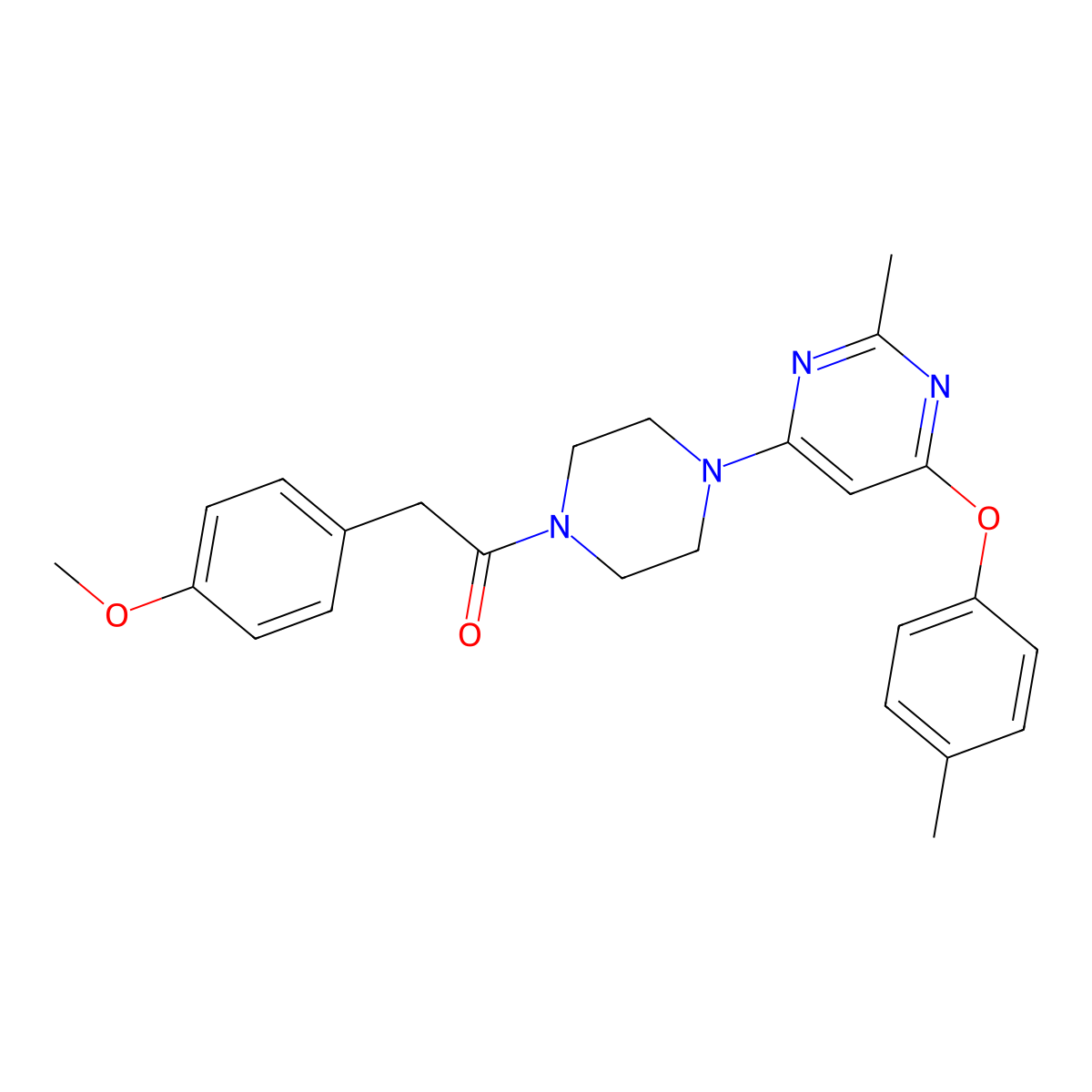 2-(4-Methoxyphenyl)-1-(4-(2-methyl-6-(p-tolyloxy)pyrimidin-4-yl)piperazin-1-yl)ethanone molecular structure, CAS 1021090-58-3