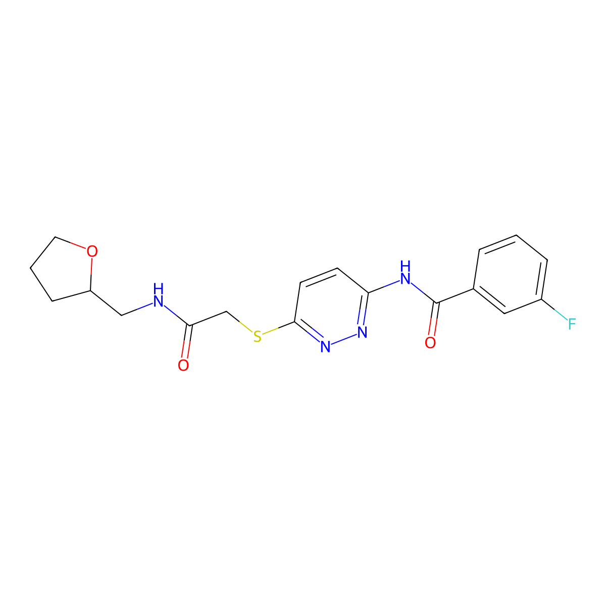 3-fluoro-N-(6-((2-oxo-2-(((tetrahydrofuran-2-yl)methyl)amino)ethyl)thio)pyridazin-3-yl)benzamide molecular structure, CAS 1021090-59-4