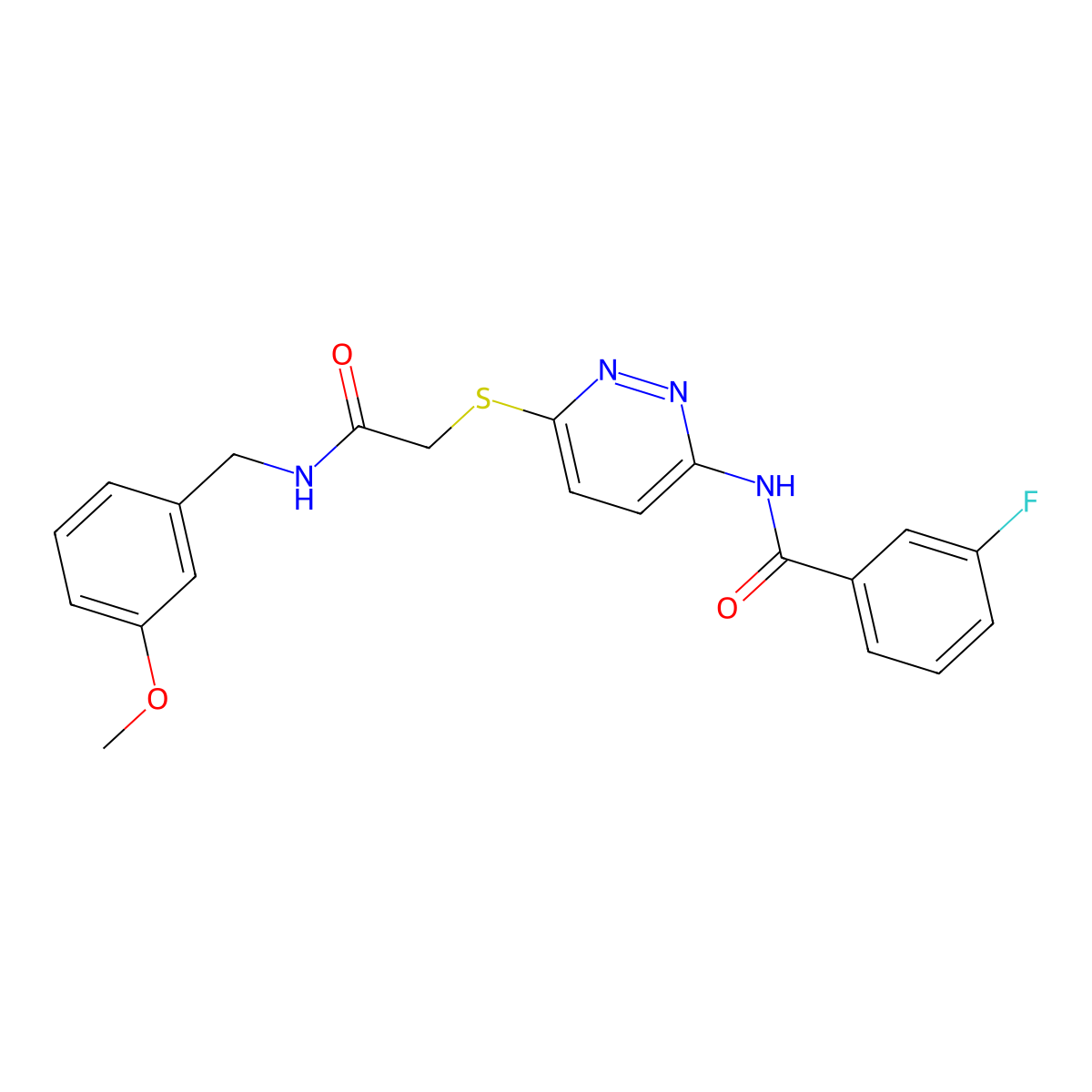 3-fluoro-N-(6-((2-((3-methoxybenzyl)amino)-2-oxoethyl)thio)pyridazin-3-yl)benzamide molecular structure, CAS 1021090-61-8
