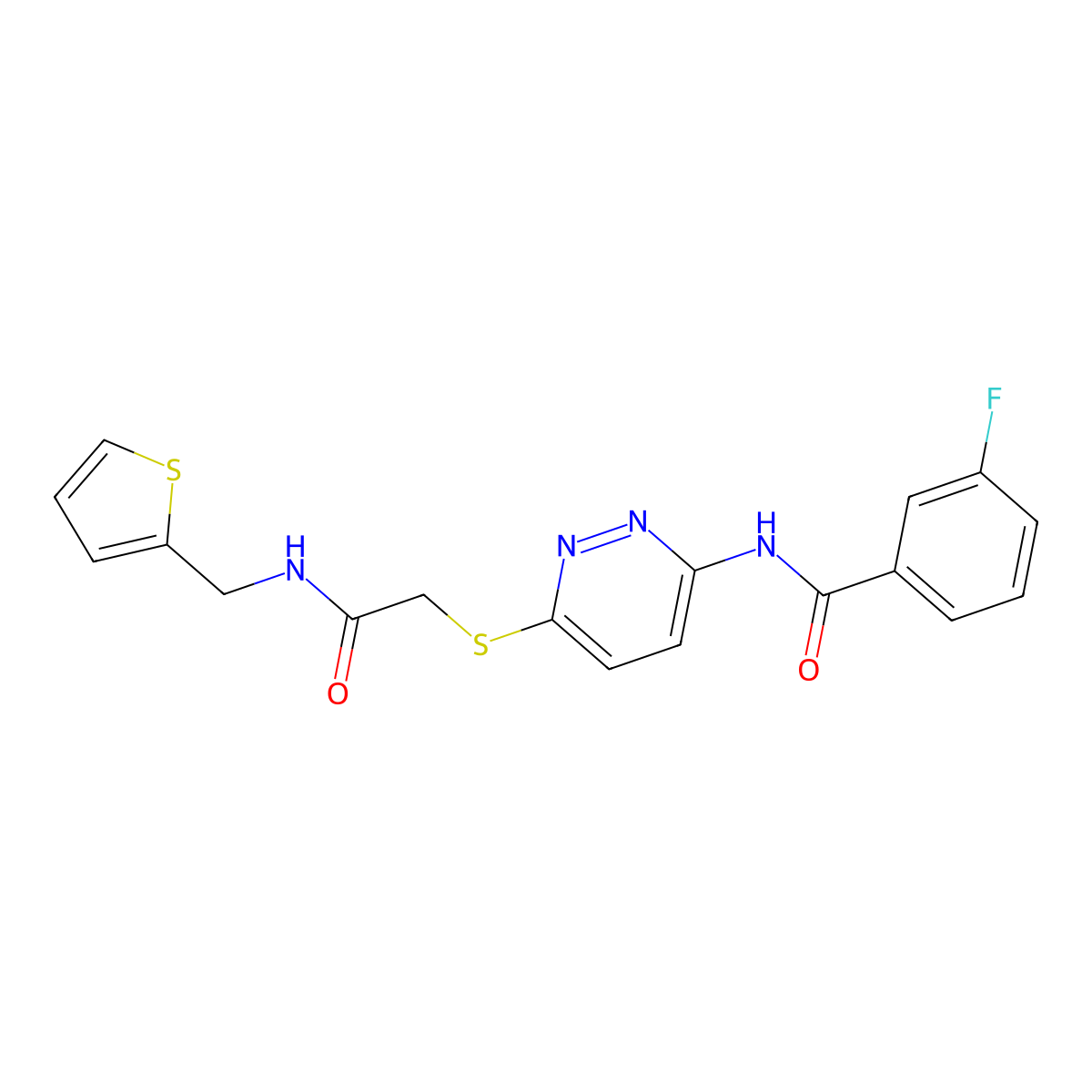 3-fluoro-N-(6-((2-oxo-2-((thiophen-2-ylmethyl)amino)ethyl)thio)pyridazin-3-yl)benzamide molecular structure, CAS 1021090-66-3