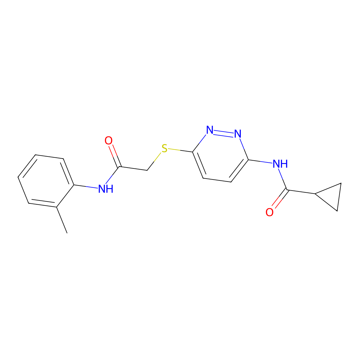N-(6-((2-oxo-2-(o-tolylamino)ethyl)thio)pyridazin-3-yl)cyclopropanecarboxamide molecular structure, CAS 1021090-71-0