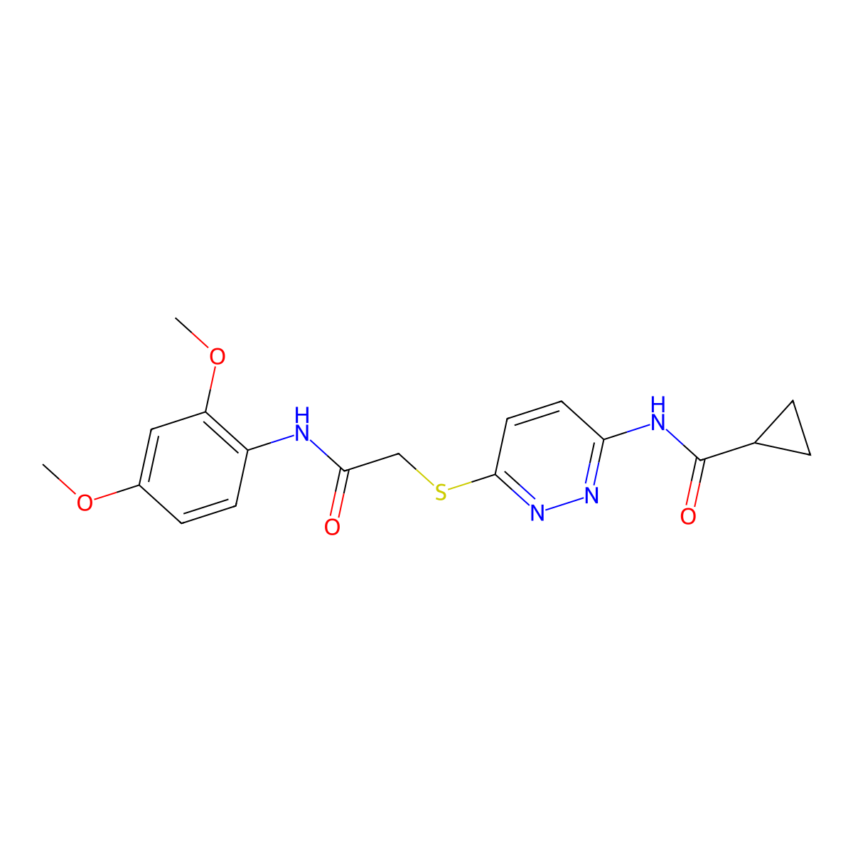 N-(6-((2-((2,4-dimethoxyphenyl)amino)-2-oxoethyl)thio)pyridazin-3-yl)cyclopropanecarboxamide molecular structure, CAS 1021090-74-3