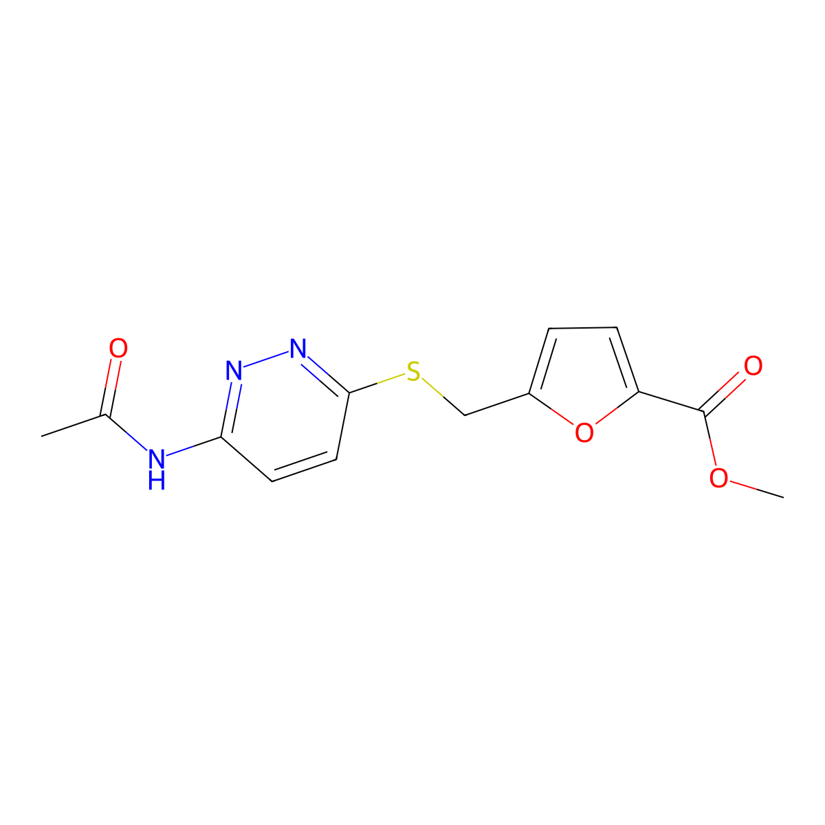 Methyl 5-(((6-acetamidopyridazin-3-yl)thio)methyl)furan-2-carboxylate molecular structure, CAS 1021091-42-8