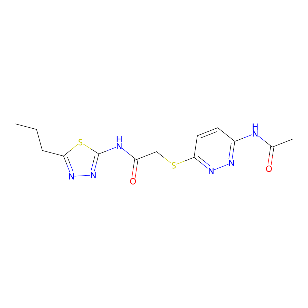 2-((6-acetamidopyridazin-3-yl)thio)-N-(5-propyl-1,3,4-thiadiazol-2-yl)acetamide molecular structure, CAS 1021091-51-9