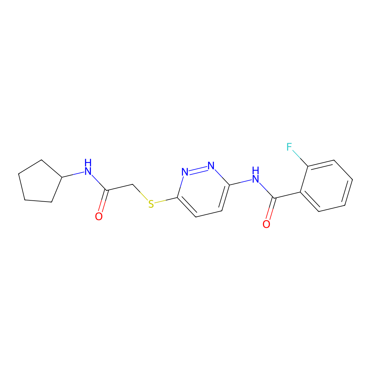 N-(6-((2-(cyclopentylamino)-2-oxoethyl)thio)pyridazin-3-yl)-2-fluorobenzamide molecular structure, CAS 1021091-54-2