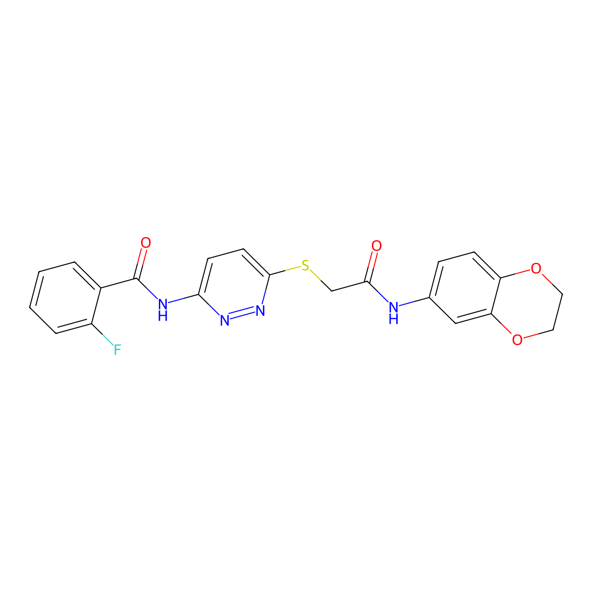 N-(6-((2-((2,3-dihydrobenzo[b][1,4]dioxin-6-yl)amino)-2-oxoethyl)thio)pyridazin-3-yl)-2-fluorobenzamide molecular structure, CAS 1021091-55-3