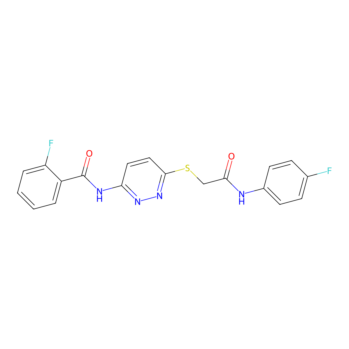 2-fluoro-N-(6-((2-((4-fluorophenyl)amino)-2-oxoethyl)thio)pyridazin-3-yl)benzamide molecular structure, CAS 1021091-56-4