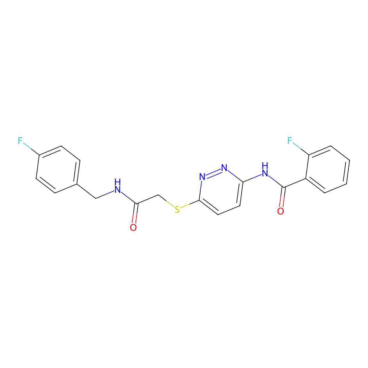 2-fluoro-N-(6-((2-((4-fluorobenzyl)amino)-2-oxoethyl)thio)pyridazin-3-yl)benzamide molecular structure, CAS 1021091-58-6