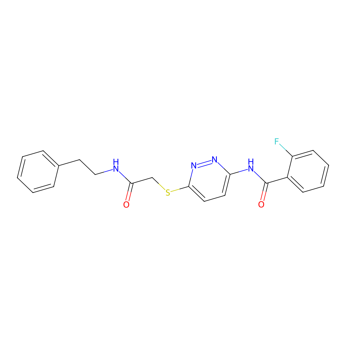 2-fluoro-N-(6-((2-oxo-2-(phenethylamino)ethyl)thio)pyridazin-3-yl)benzamide molecular structure, CAS 1021091-61-1