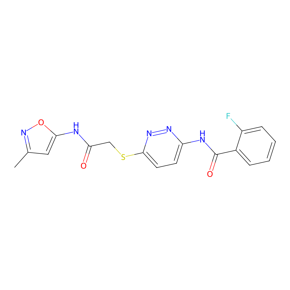 2-fluoro-N-(6-((2-((3-methylisoxazol-5-yl)amino)-2-oxoethyl)thio)pyridazin-3-yl)benzamide molecular structure, CAS 1021091-74-6