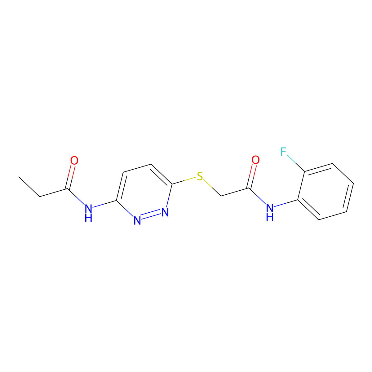 N-(6-((2-((2-fluorophenyl)amino)-2-oxoethyl)thio)pyridazin-3-yl)propionamide molecular structure, CAS 1021091-82-6