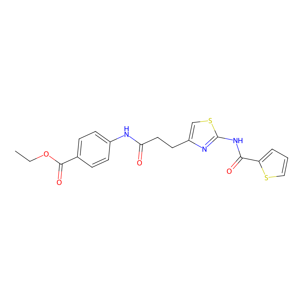 Ethyl 4-(3-(2-(thiophene-2-carboxamido)thiazol-4-yl)propanamido)benzoate molecular structure, CAS 1021092-00-1