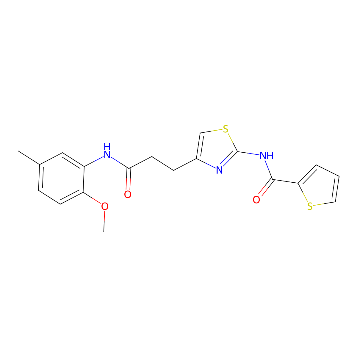 N-(4-(3-((2-methoxy-5-methylphenyl)amino)-3-oxopropyl)thiazol-2-yl)thiophene-2-carboxamide molecular structure, CAS 1021092-03-4