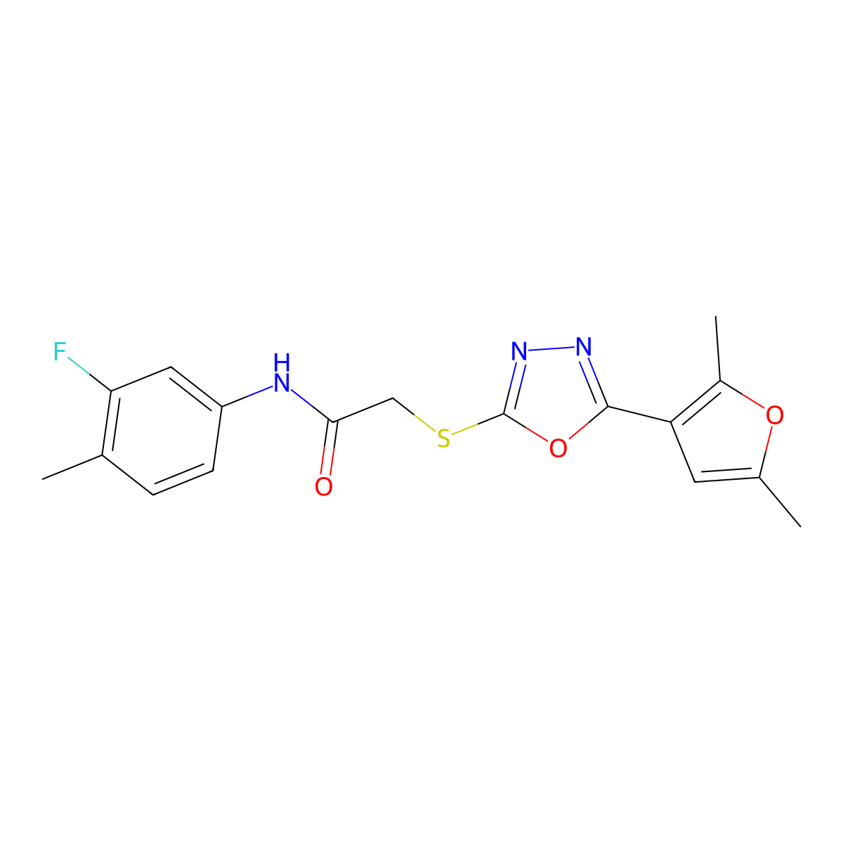 2-((5-(2,5-dimethylfuran-3-yl)-1,3,4-oxadiazol-2-yl)thio)-N-(3-fluoro-4-methylphenyl)acetamide molecular structure, CAS 1021092-09-0