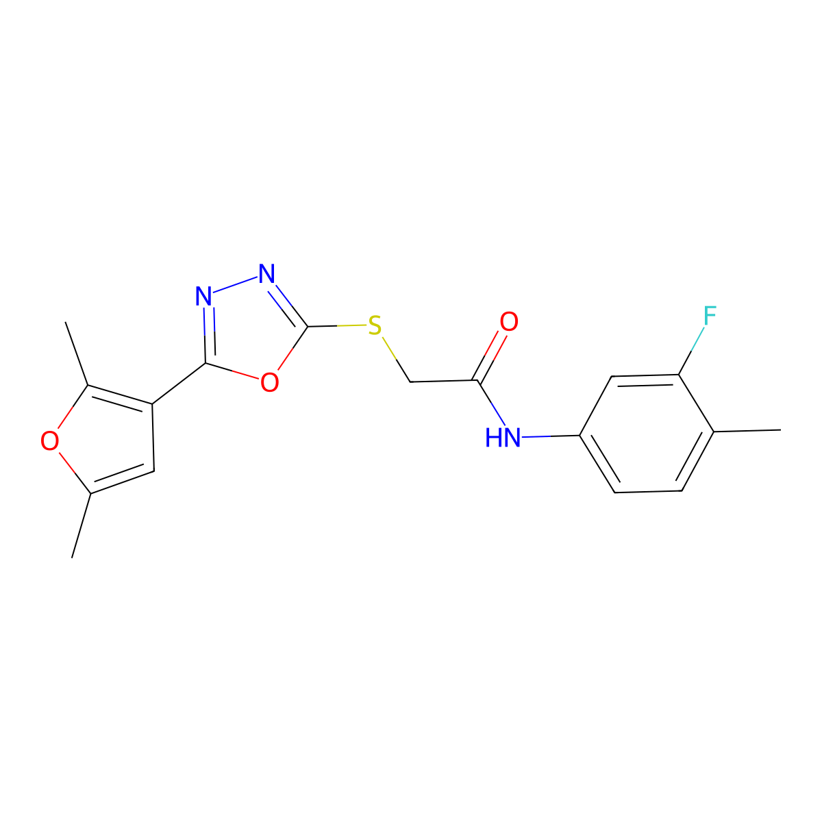 2-((5-(2,5-dimethylfuran-3-yl)-1,3,4-oxadiazol-2-yl)thio)-N-(3-fluoro-4-methylphenyl)acetamide molecular structure, CAS 1021092-09-0
