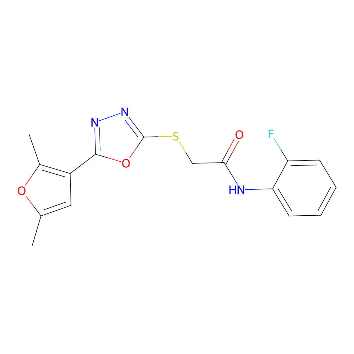2-((5-(2,5-dimethylfuran-3-yl)-1,3,4-oxadiazol-2-yl)thio)-N-(2-fluorophenyl)acetamide molecular structure, CAS 1021092-13-6