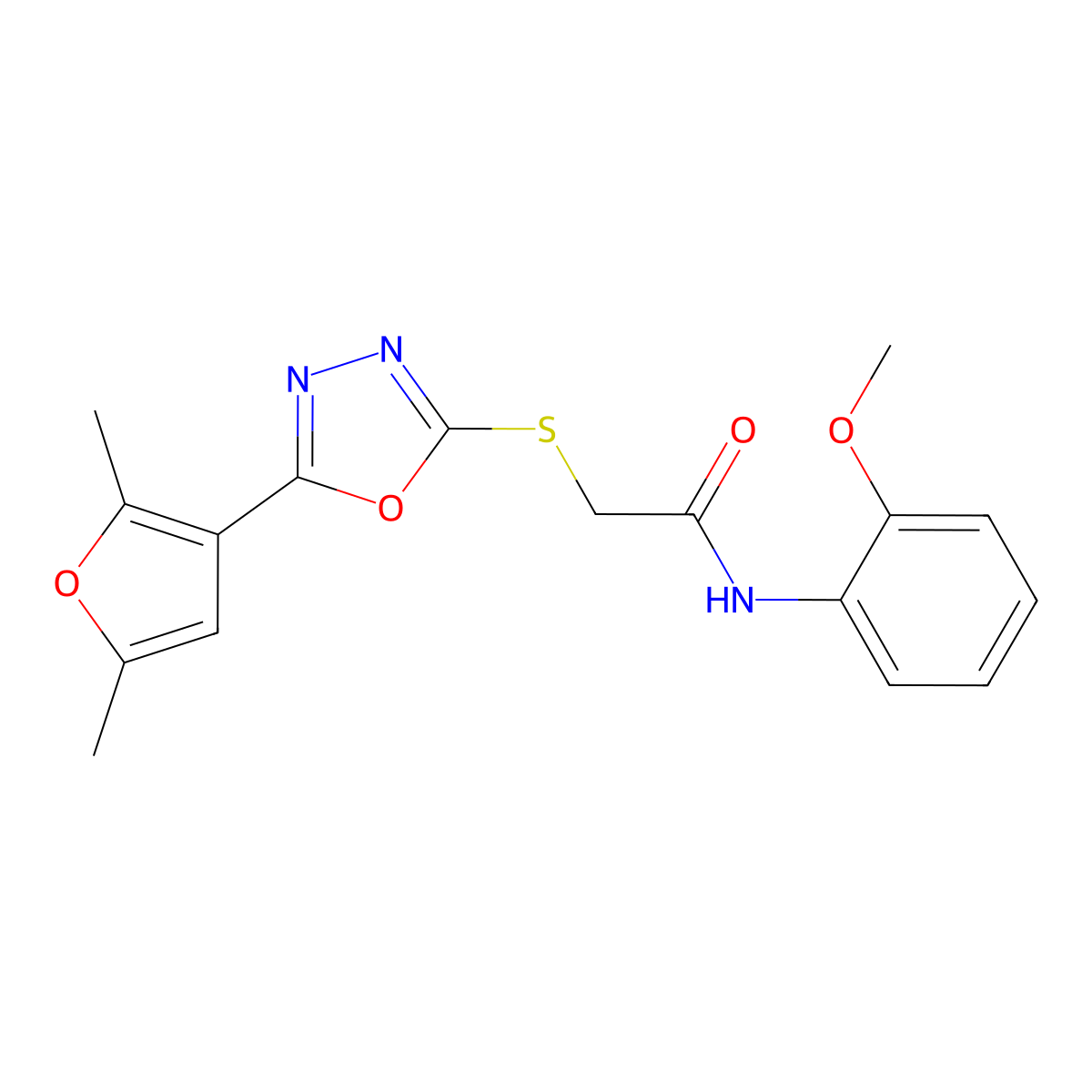2-((5-(2,5-dimethylfuran-3-yl)-1,3,4-oxadiazol-2-yl)thio)-N-(2-methoxyphenyl)acetamide molecular structure, CAS 1021092-14-7