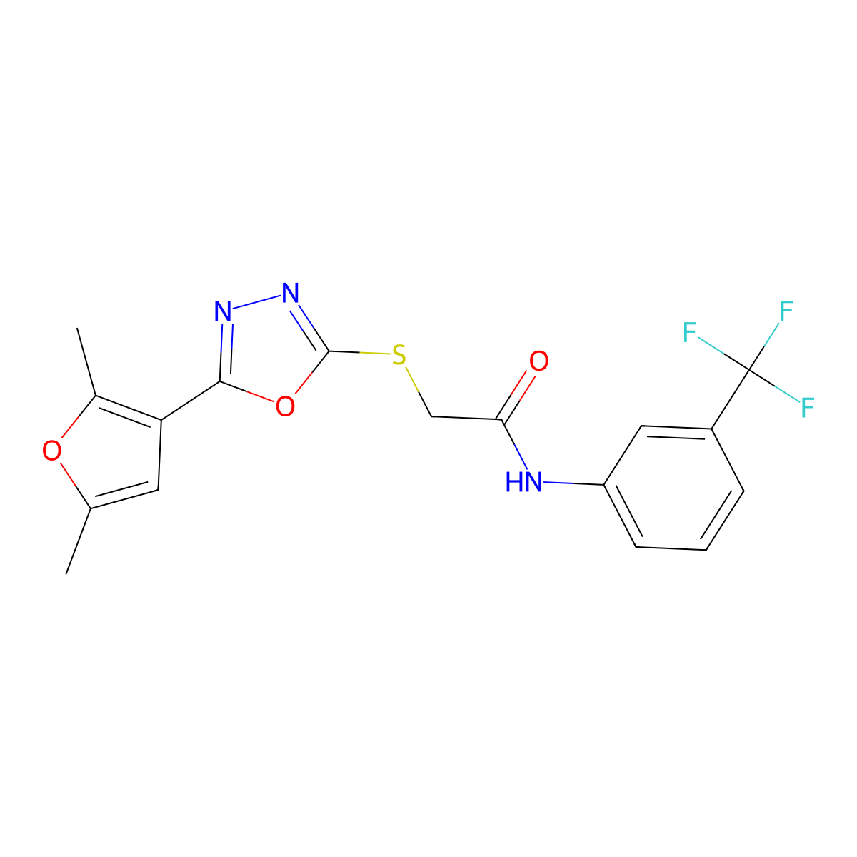 2-((5-(2,5-dimethylfuran-3-yl)-1,3,4-oxadiazol-2-yl)thio)-N-(3-(trifluoromethyl)phenyl)acetamide molecular structure, CAS 1021092-15-8
