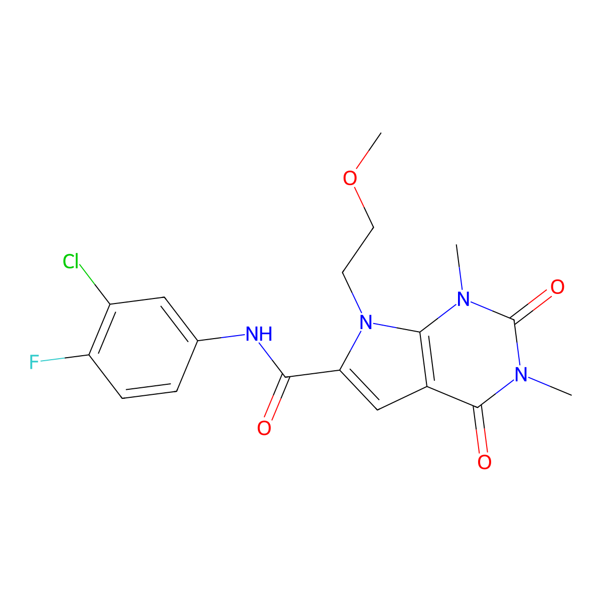 N-(3-chloro-4-fluorophenyl)-7-(2-methoxyethyl)-1,3-dimethyl-2,4-dioxo-2,3,4,7-tetrahydro-1H-pyrrolo[2,3-d]pyrimidine-6-carboxamide molecular structure, CAS 1021092-18-1